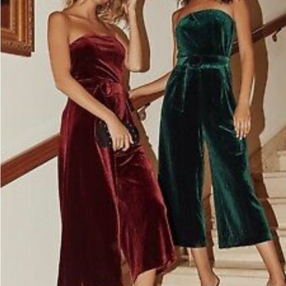 Sugar lips Burgundy velvet strapless  Jump suit cropped wide leg